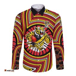 Richmond Football Club Long Sleeve Button Shirt Indigenous Monochrome Dot Art Mascot Style TS04