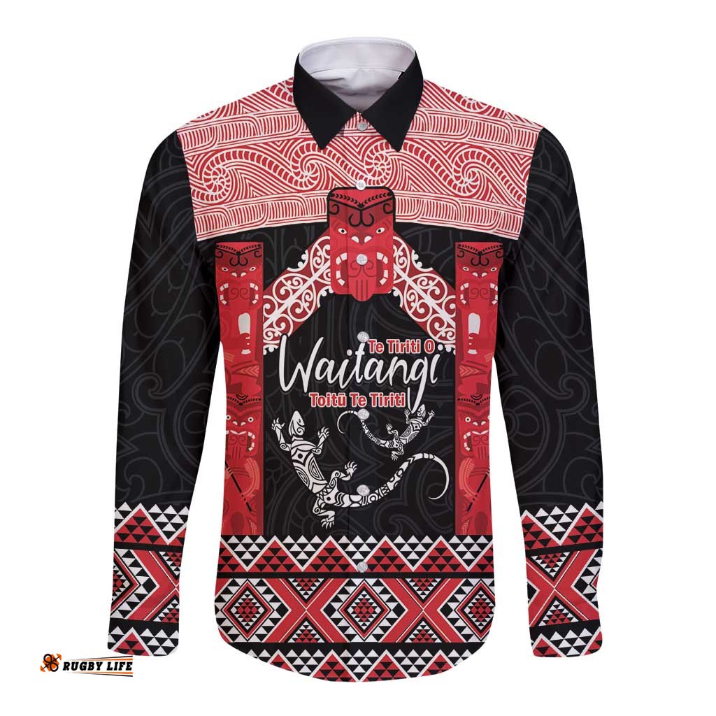 Toitu Te Tiriti O Waitangi Long Sleeve Button Shirt Maori Wharenui With Taniko Motifs LT14