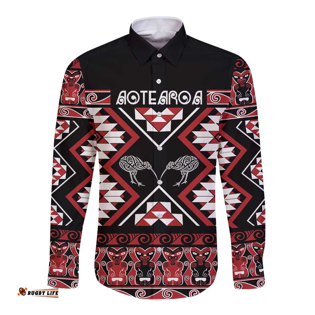 Personalised Taniko Motifs Aotearoa Long Sleeve Button Shirt Waitangi Kowhaiwhai Kiwi LT7