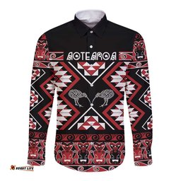 Personalised Taniko Motifs Aotearoa Long Sleeve Button Shirt Waitangi Kowhaiwhai Kiwi LT7