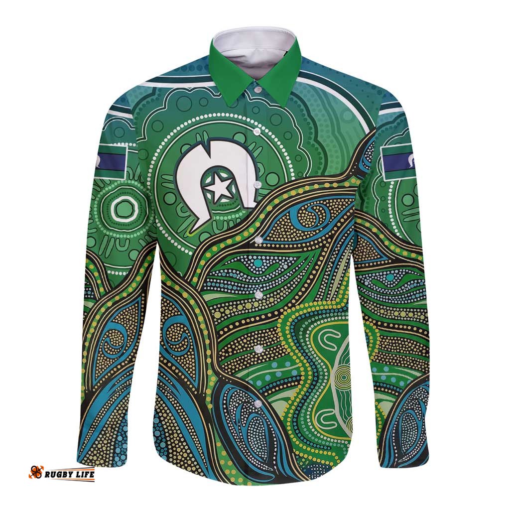 Torres Strait Islands Long Sleeve Button Shirt Indigenous Ocean Wave Dot Green Color TS04