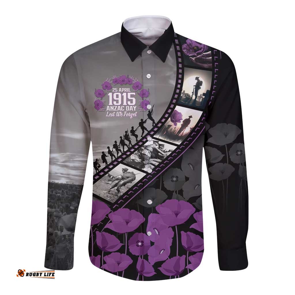 Personalised Remembering ANZAC Lest We Forget Long Sleeve Button Shirt Vintage Film Frame Memorial Purple Poppy LT9