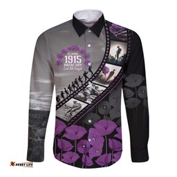 Personalised Remembering ANZAC Lest We Forget Long Sleeve Button Shirt Vintage Film Frame Memorial Purple Poppy LT9