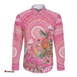 Personalized Pink Galah Aboriginal Dot Art Long Sleeve Button Shirt Australias Breast Cancer Awareness LT9