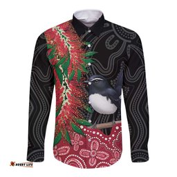 Willie wagtail Australia Long Sleeve Button Shirt Aussie Bottlebrushes Aboriginal Art LT14
