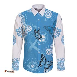 World Diabetes Day Australia Long Sleeve Button Shirt Blue Ribbon Butterfly Aboriginal Art LT14