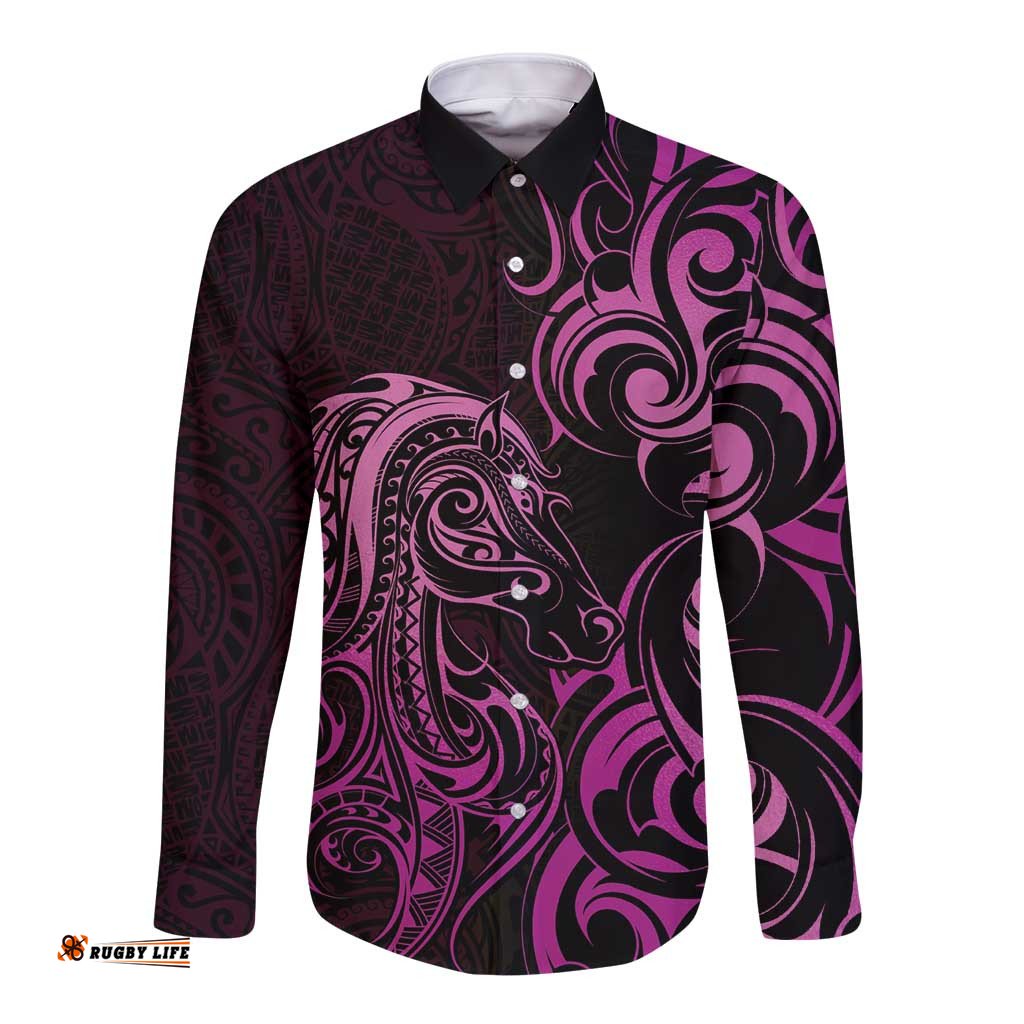 Pink Aoteara Horse Racing Long Sleeve Button Shirt NZ Maori Pattern LT14