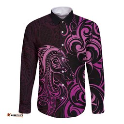 Pink Aoteara Horse Racing Long Sleeve Button Shirt NZ Maori Pattern LT14
