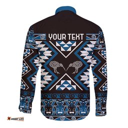Personalised Taniko Motifs Aotearoa Long Sleeve Button Shirt Waitangi Kowhaiwhai Kiwi - Blue LT7