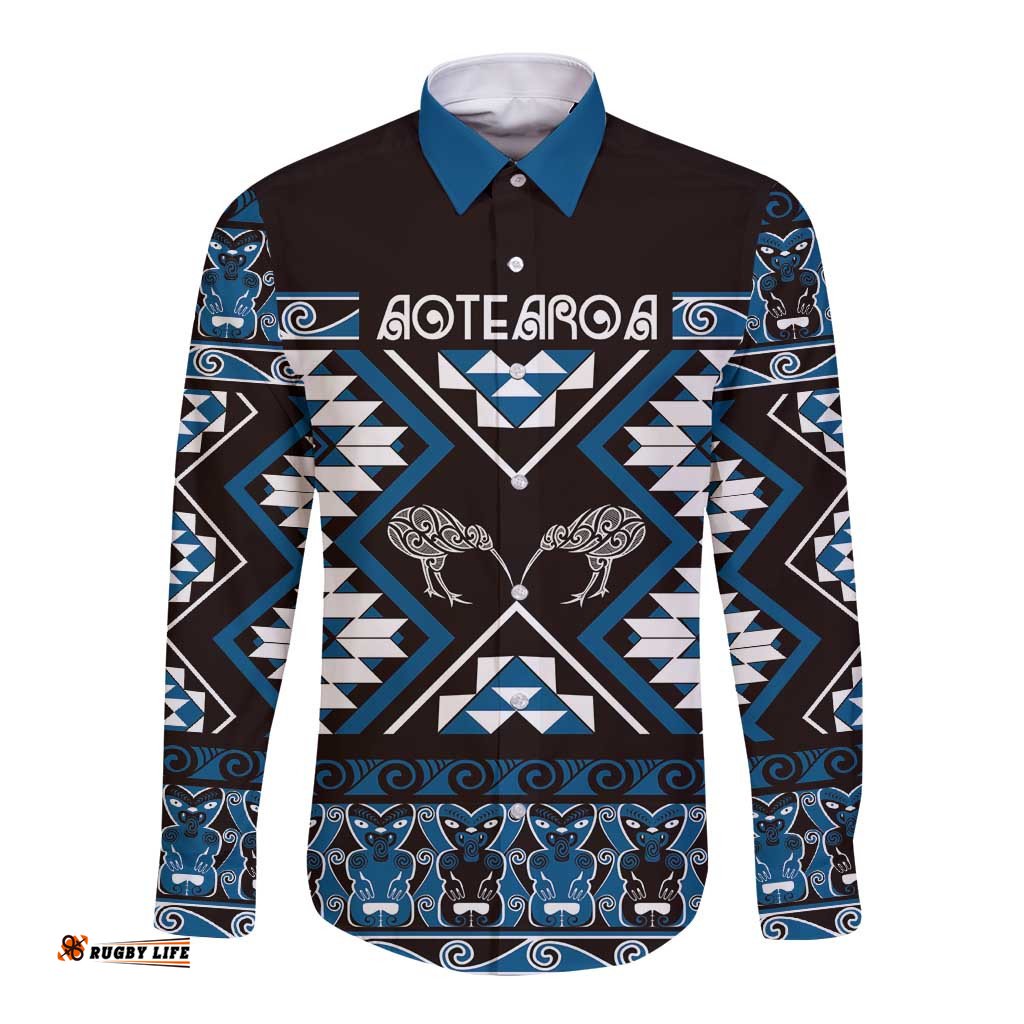 Personalised Taniko Motifs Aotearoa Long Sleeve Button Shirt Waitangi Kowhaiwhai Kiwi - Blue LT7
