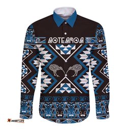 Personalised Taniko Motifs Aotearoa Long Sleeve Button Shirt Waitangi Kowhaiwhai Kiwi - Blue LT7