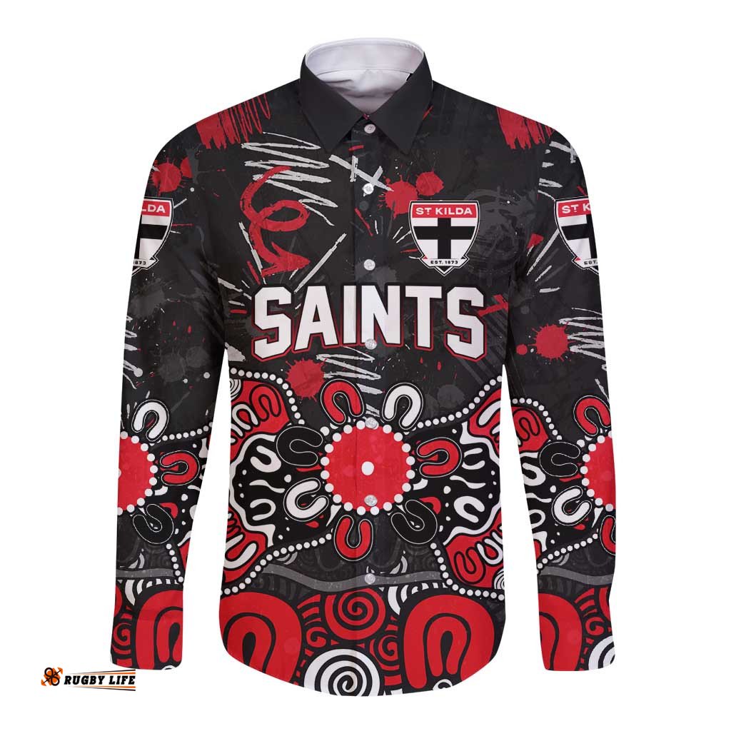 Personalized St Kilda Saints Long Sleeve Button Shirt Aboriginal Dot Painting Graffiti Style TS04