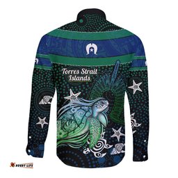Torres Strait Islands Sea Turtle and Dhari Long Sleeve Button Shirt Oceanic Indigenous Dotwork Tribal Illustration TS04