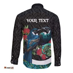 Personalised Valentine's Day New Zealand Long Sleeve Button Shirt Tui Bird Couple Kowhaiwhai Mix Pohutukawa LT14