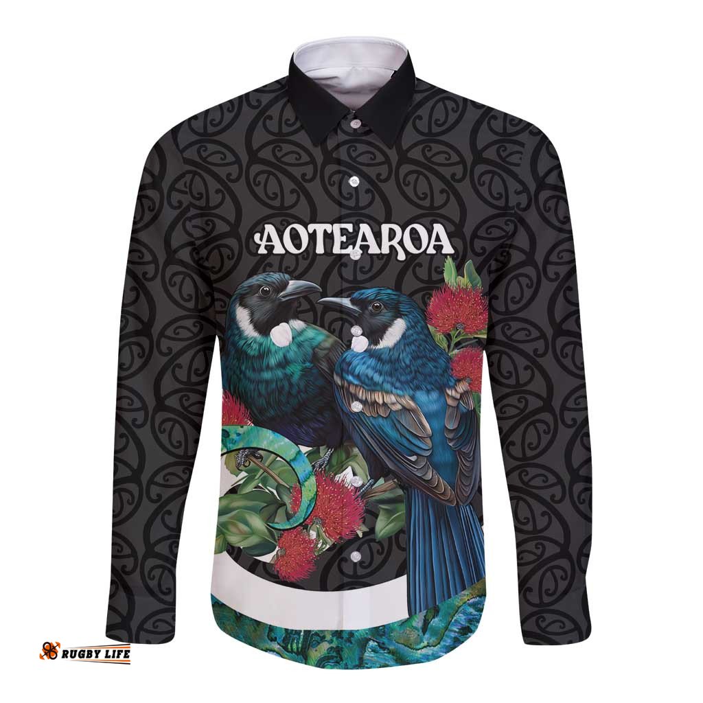 Personalised Valentine's Day New Zealand Long Sleeve Button Shirt Tui Bird Couple Kowhaiwhai Mix Pohutukawa LT14