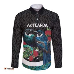 Personalised Valentine's Day New Zealand Long Sleeve Button Shirt Tui Bird Couple Kowhaiwhai Mix Pohutukawa LT14