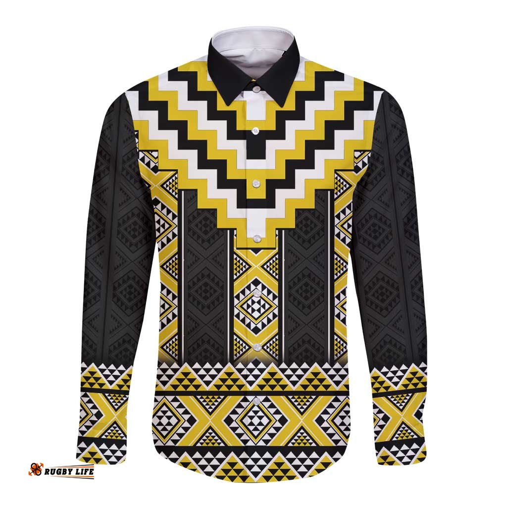 Yellow Taniko Aotearoa Long Sleeve Button Shirt Niho Taniwha Mix Poutama LT14