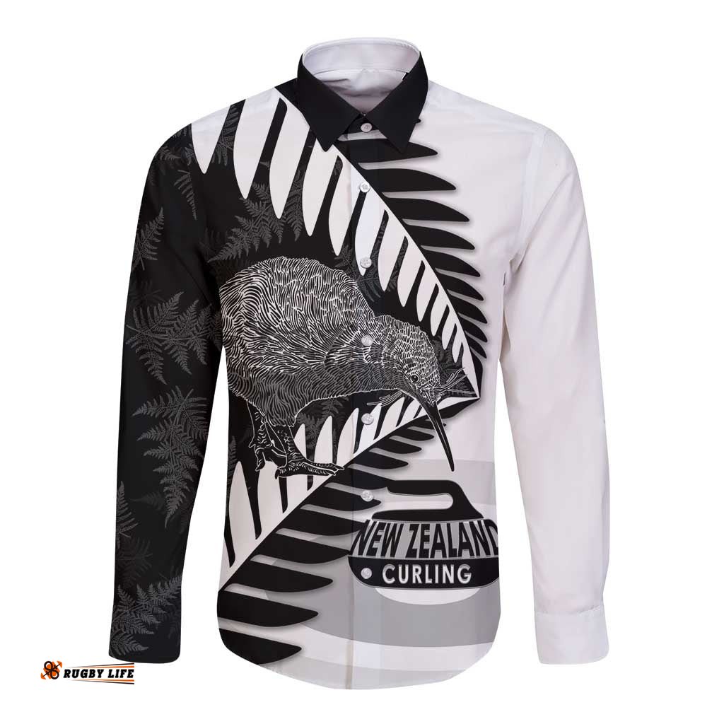 New Zealand Silver Fern Curling Personalised Long Sleeve Button Shirt Aotearoa Kiwi Ponga Black White Version LT14