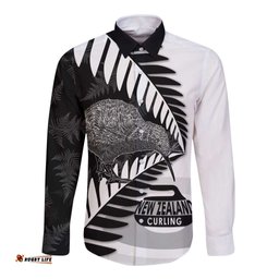 New Zealand Silver Fern Curling Personalised Long Sleeve Button Shirt Aotearoa Kiwi Ponga Black White Version LT14