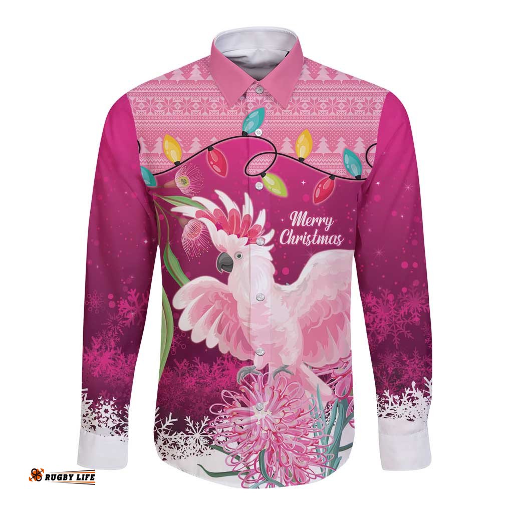 Pink Cockatoo Australia Christmas Long Sleeve Button Shirt Grevillea Eucalyptus Blossoms LT14