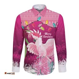 Pink Cockatoo Australia Christmas Long Sleeve Button Shirt Grevillea Eucalyptus Blossoms LT14