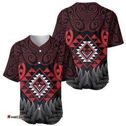Aotearoa Kiwi Taniko Baseball Jersey Silver Fern With Maori Koru Pattern LT14