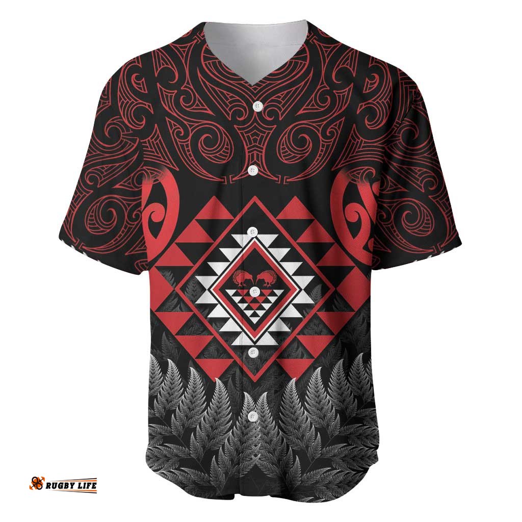 Aotearoa Kiwi Taniko Baseball Jersey Silver Fern With Maori Koru Pattern LT14