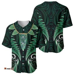 Aotearoa Pounamu Niho Baseball Jersey Silver Fern Mix Maori Pattern - Green LT14