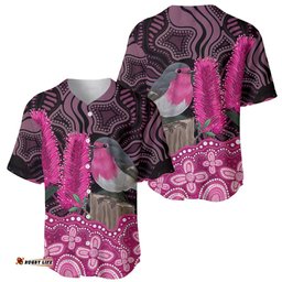 Australia Indigenous Baseball Jersey Breast Cancer Pink Robin Bottlebrush Aboriginal Art LT14