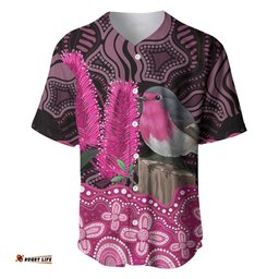 Australia Indigenous Baseball Jersey Breast Cancer Pink Robin Bottlebrush Aboriginal Art LT14