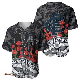 Carlton Blues ANZAC Day Baseball Jersey Indigenous Dot Art with Poppy Flower Tribute TS04