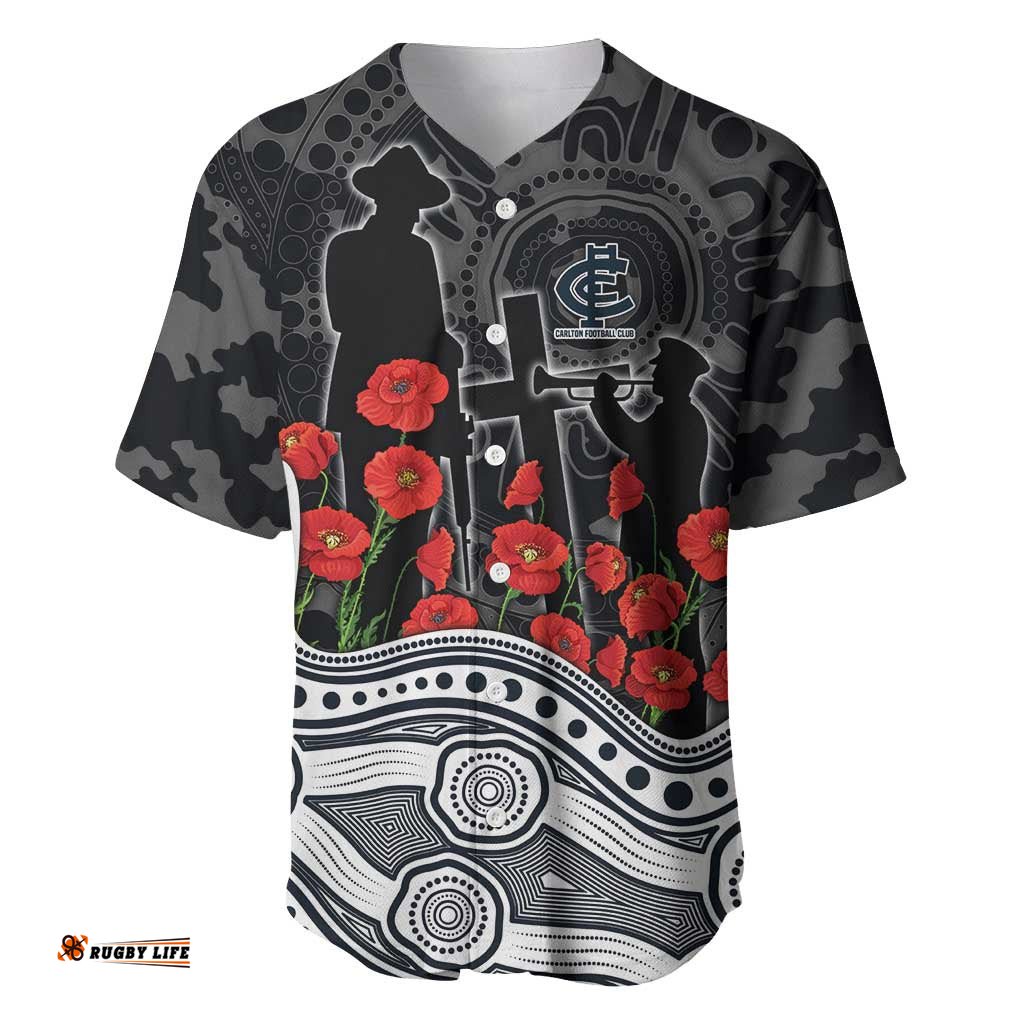Carlton Blues ANZAC Day Baseball Jersey Indigenous Dot Art with Poppy Flower Tribute TS04