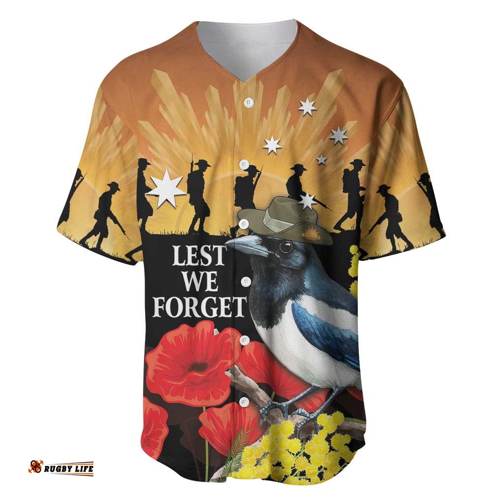 Australia Magpie ANZAC Day Baseball Jersey Rising Sun 25th April Poppy Golden Wattle LT14