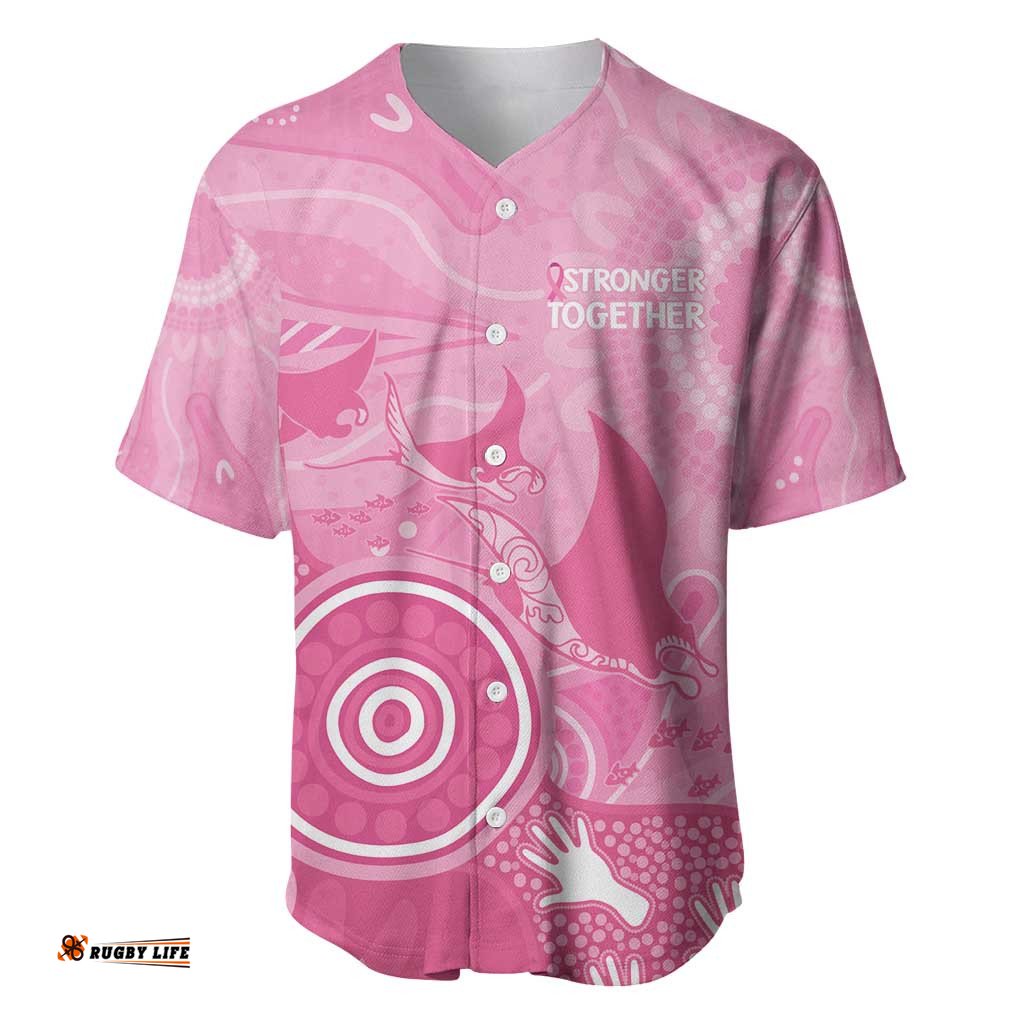 Australia Breast Cancer Awareness Baseball Jersey Pink Ribbon Manta Ray Aboriginal Art LT14