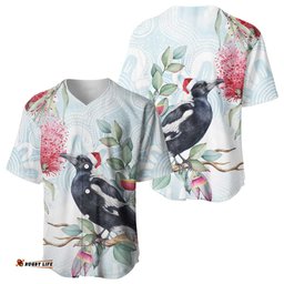 Australia Magpie Christmas Baseball Jersey Eucalyptus Aboriginal Watercolor Stylized LT14