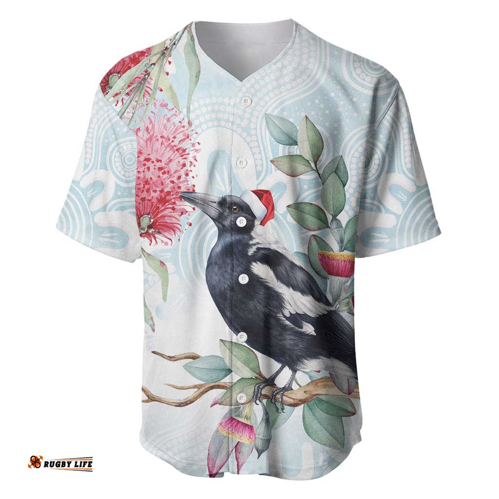 Australia Magpie Christmas Baseball Jersey Eucalyptus Aboriginal Watercolor Stylized LT14