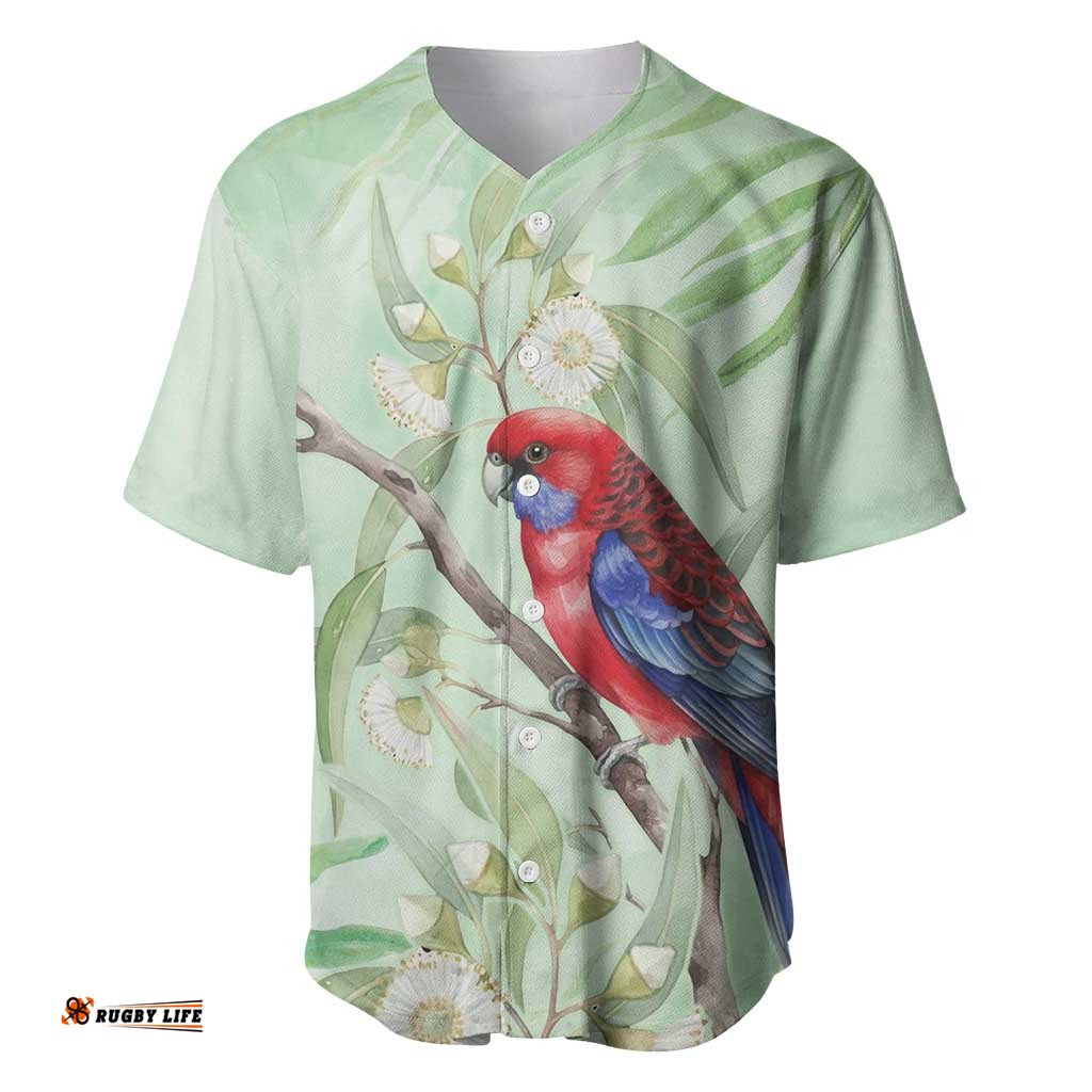 Australia Crimson Rosella Baseball Jersey Platycercus Elegans Eucalyptus Alba Watercolor LT14