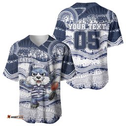Custom Geelong Navy Baseball Jersey Playful Cat Kicking Ball DT05