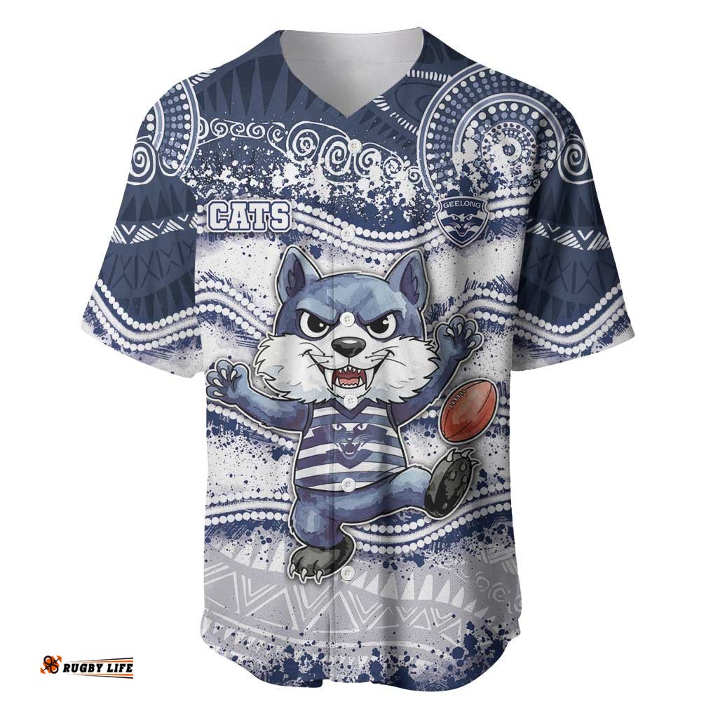 Custom Geelong Navy Baseball Jersey Playful Cat Kicking Ball DT05