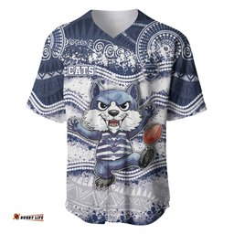 Custom Geelong Navy Baseball Jersey Playful Cat Kicking Ball DT05