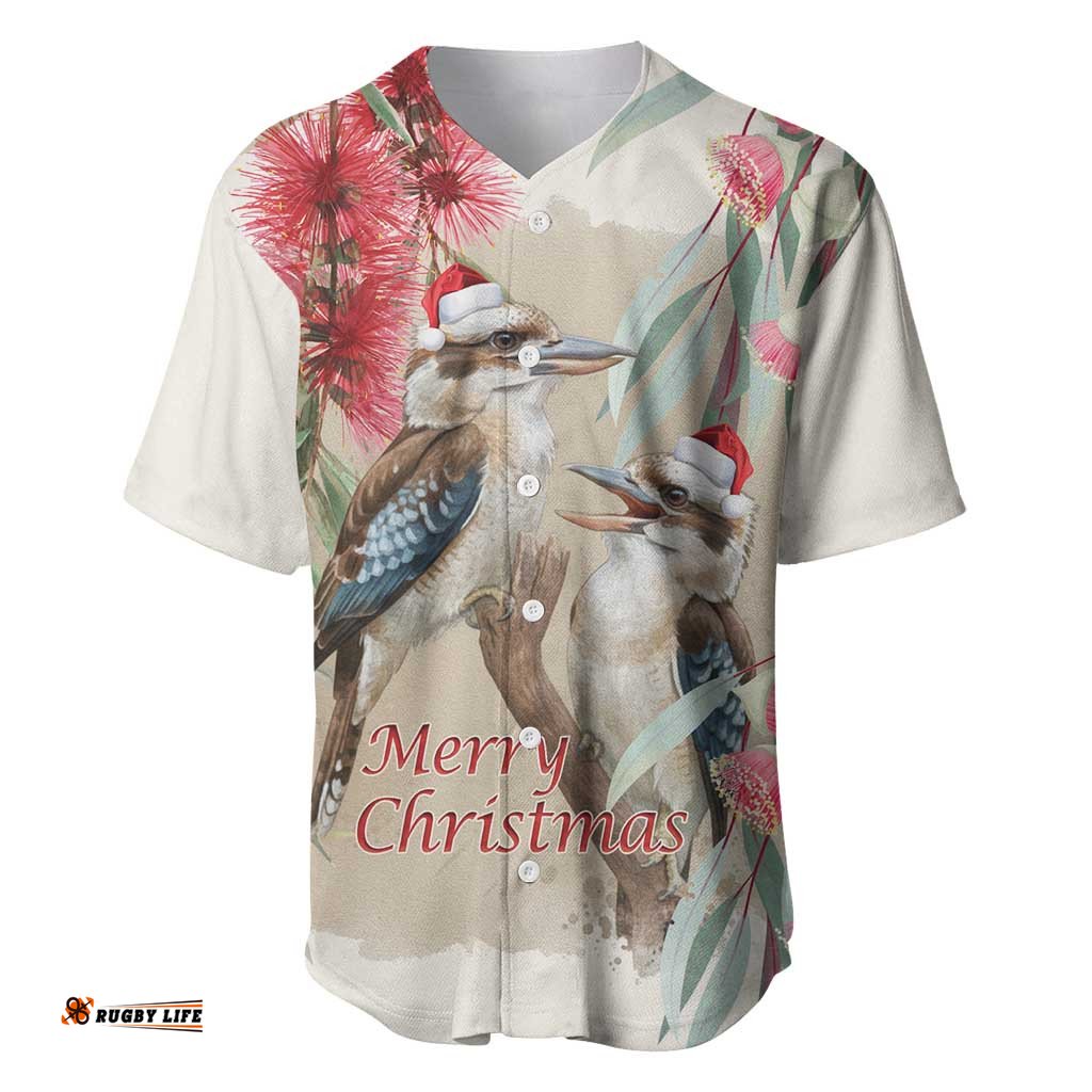 Australia Kookaburra Christmas Baseball Jersey Bottlebrush Eucalyptus Blossoms Watercolor LT14