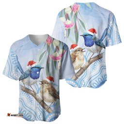 Australia Superb Fairywren Christmas Baseball Jersey Aboriginal Eucalyptus Blossoms Watercolor LT14