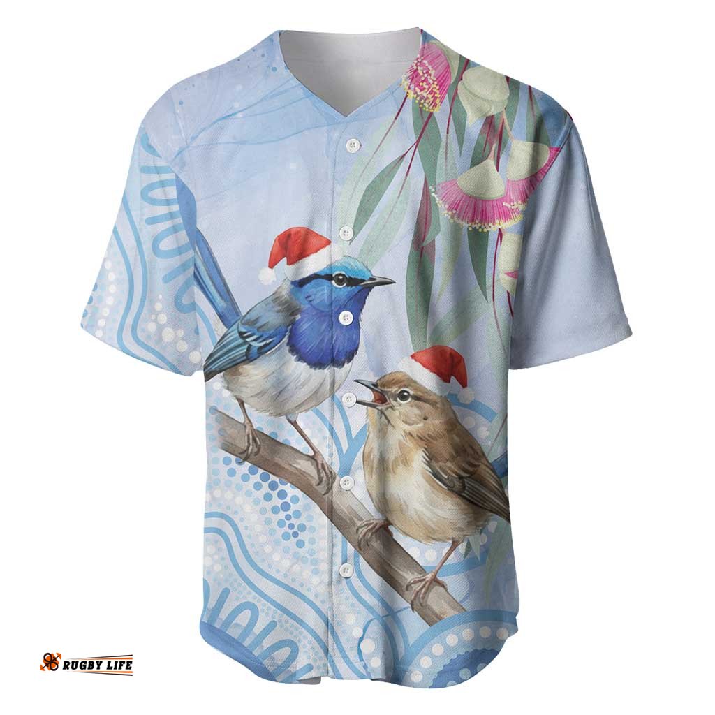 Australia Superb Fairywren Christmas Baseball Jersey Aboriginal Eucalyptus Blossoms Watercolor LT14