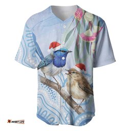 Australia Superb Fairywren Christmas Baseball Jersey Aboriginal Eucalyptus Blossoms Watercolor LT14