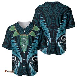 Aotearoa Pounamu Niho Baseball Jersey Silver Fern Mix Maori Pattern - Turquoise LT14