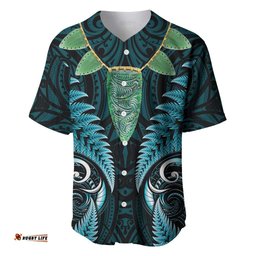 Aotearoa Pounamu Niho Baseball Jersey Silver Fern Mix Maori Pattern - Turquoise LT14