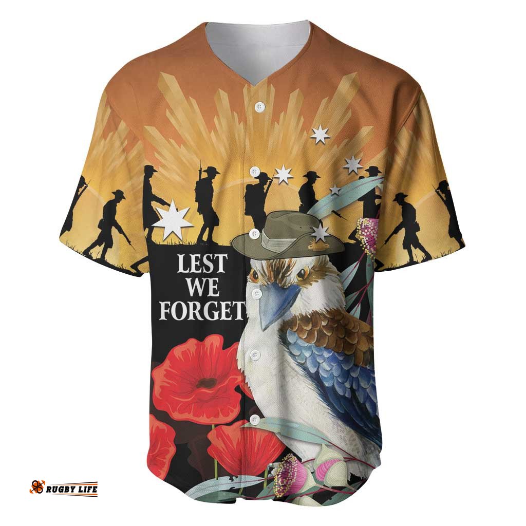 Australia Kookaburra ANZAC Day Baseball Jersey Rising Sun 25th April Poppy Eucalyptus Blossoms LT14