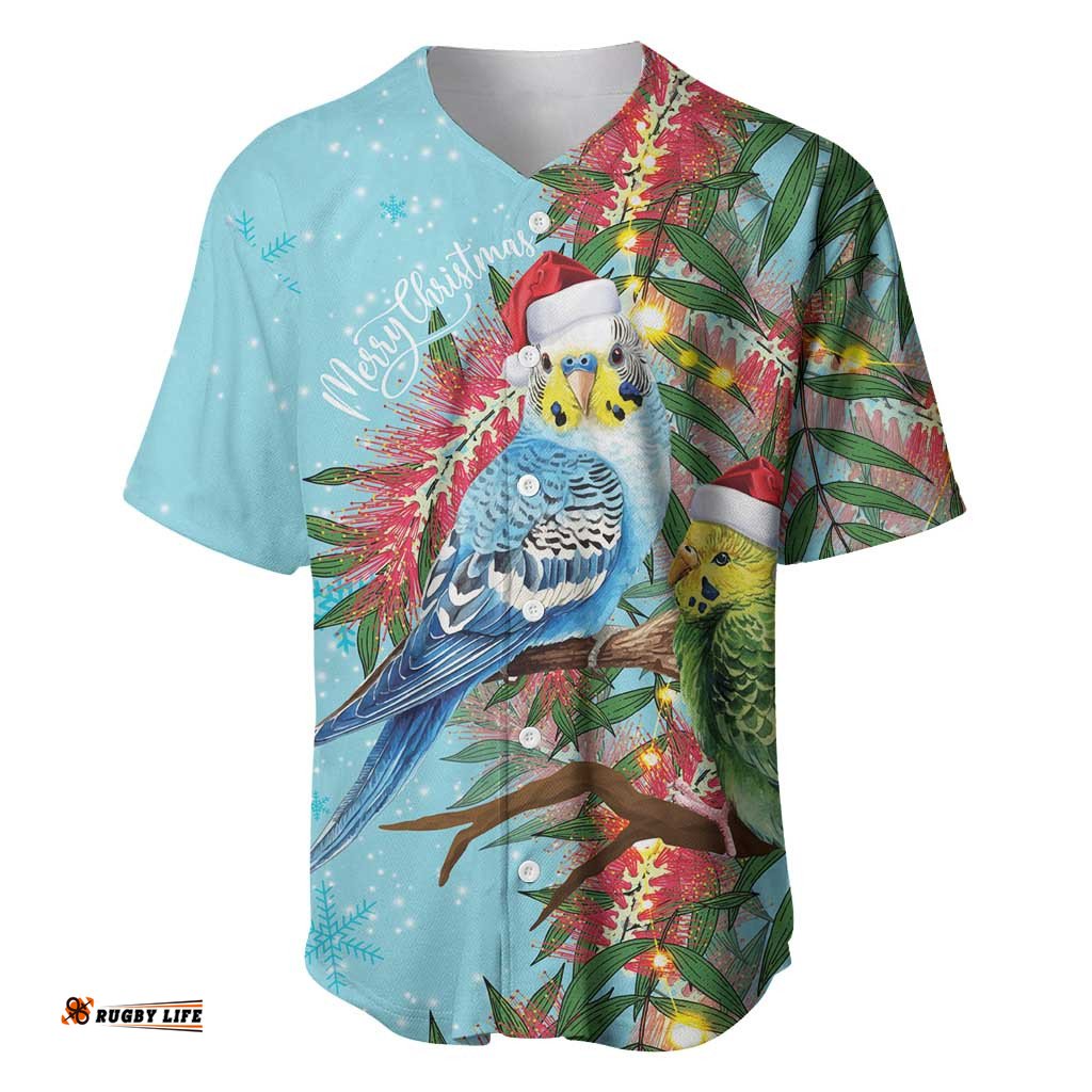 Blue Budgies on Callistemon Baseball Jersey Merry Christmas Aussie LT7