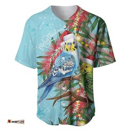 Blue Budgies on Callistemon Baseball Jersey Merry Christmas Aussie LT7