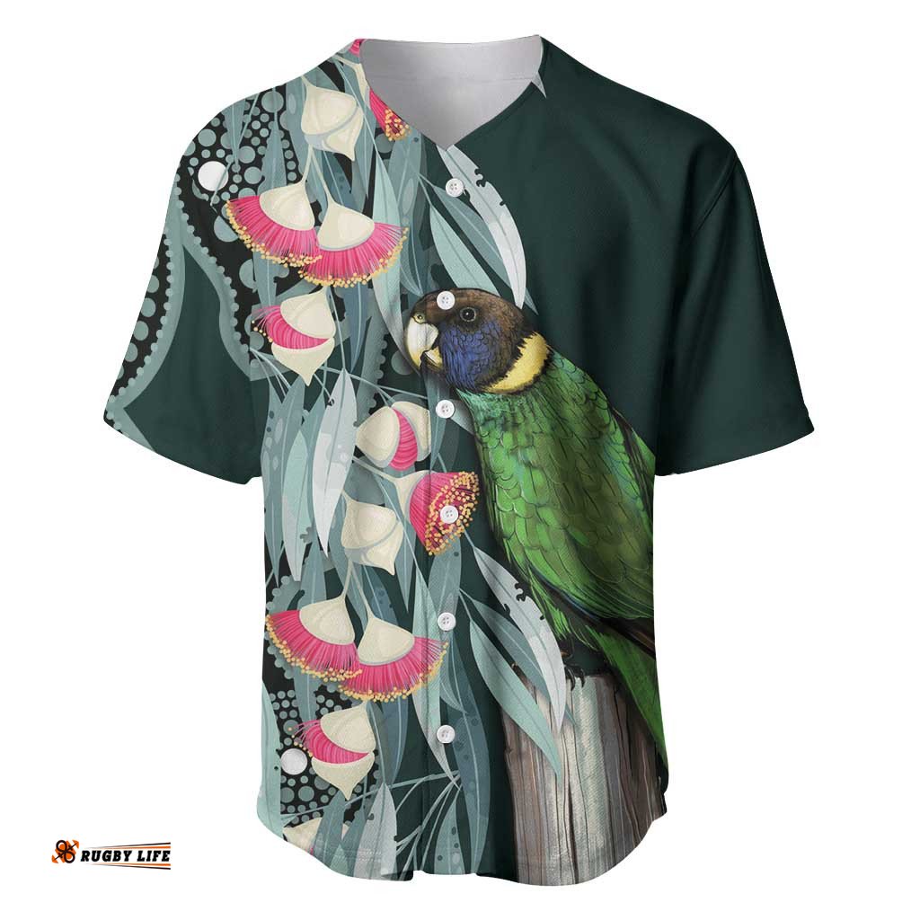 Australian Ringneck Parrot Baseball Jersey Barnardius Zonarius Eucalyptus Flowers Aboriginal Art LT14